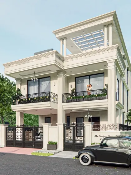 This two-story residence is a harmonious fusion of classic and modern design. Fluted columns provide a stately charm, while intricate floral railings and a rooftop pergola add decorative and functional elegance.
