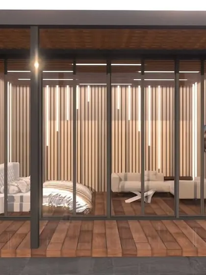 An exterior view of the proposed glass house. The render shows the structure situated on a wooden deck, seamlessly blending with the outdoor environment.