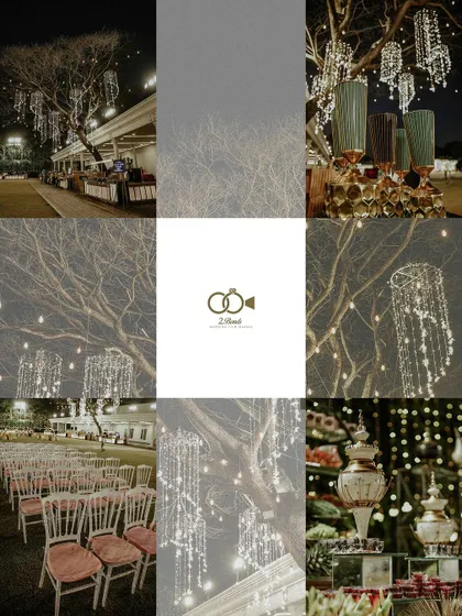 A creative collage of the reception decor details, including lighting, seating, and dessert tables.