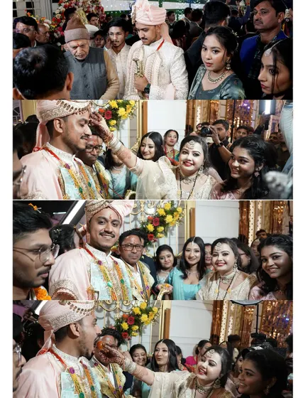 The wedding is also about family and friends. This collage captures the candid moments of guests interacting with the groom, showing the joy and blessings surrounding the couple.