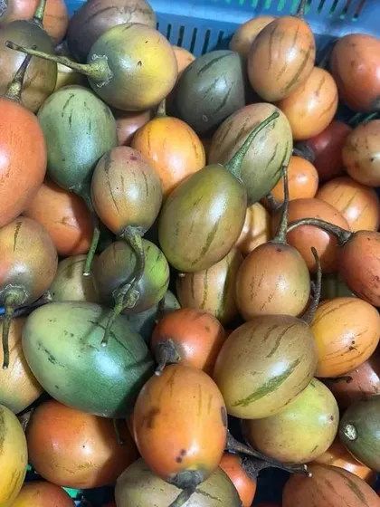A basket of Tamarillo, also known as tree tomatoes. Their tangy flavor is perfect for making chutneys or sour fish and meat curries.