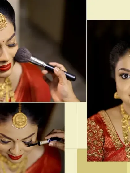 An album layout showing the getting ready process, with shots of makeup application and the final bridal look.