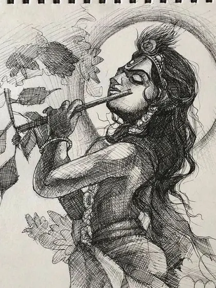 A pen and ink sketch of Lord Krishna playing his flute. The cross-hatching technique used here gives the artwork a classic, engraved look and a sense of deep texture.