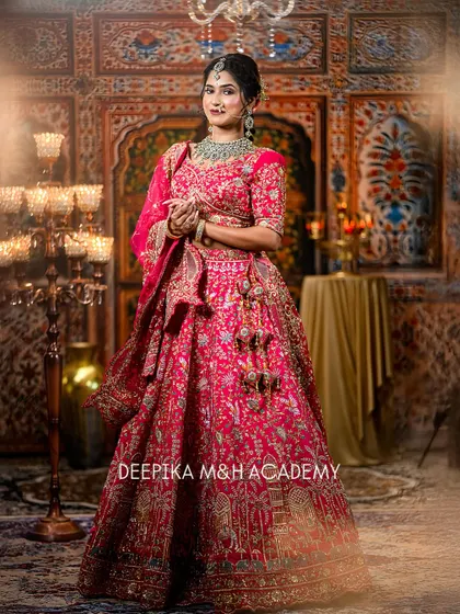 A full-length shot of the bride in her magnificent pink embroidered lehenga. This photo captures the grandeur of a North Indian bridal outfit.