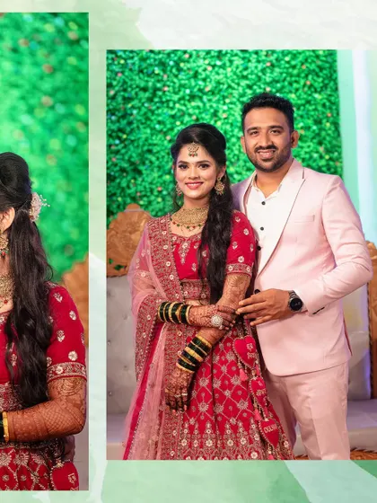 A beautiful formal portrait of the couple on their reception stage. They look picture-perfect, ready to celebrate with their loved ones.