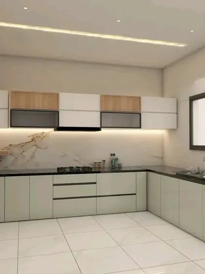 A 3D drawing of a modular kitchen featuring a two-tone design with white and wood-finish cabinets and a black countertop. This visual plan is the blueprint for the final execution.