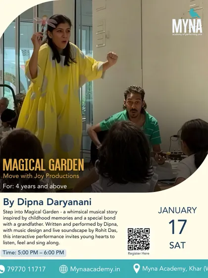 A poster for our 'Magical Garden' storytelling event. This interactive performance, filled with childhood memories and a live soundscape, is designed to inspire young hearts to listen, feel, and sing along.