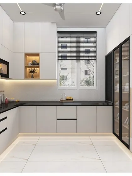 A 3D render of a pristine all-white kitchen. The design includes a tall, glass-fronted pantry or wine cooler, adding a touch of sophistication and high-end functionality.