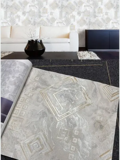A collage showing a subtle grey geometric wallpaper in a living room and a close-up from a sample book.