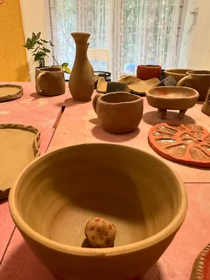 A collection of works-in-progress from our Chennai pottery camp. You can see a variety of forms taking shape, from bowls and vases to more decorative, sculptural pieces.