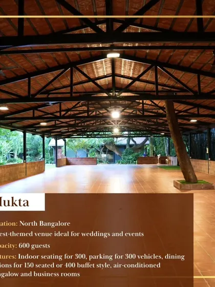 The forest-themed Mukta venue, an ideal setting for intimate weddings and events. This space in North Bangalore offers a unique, natural ambiance with a capacity for 600 guests.