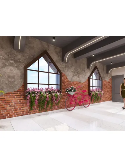 A whimsical design element for Evam Barista, featuring a pink bicycle against a brick wall with window boxes, adding a touch of rustic charm.