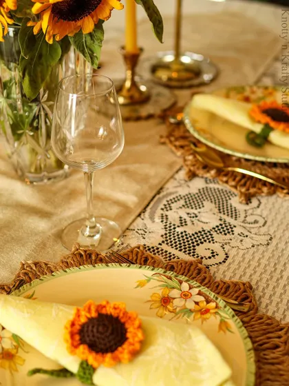 Another angle of the sunflower table, highlighting the handmade details.