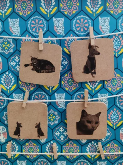 A set of custom coasters hanging to dry. Using our laser etcher, we can transfer detailed photographs onto materials like MDF, creating unique and personal items like these pet portrait coasters.