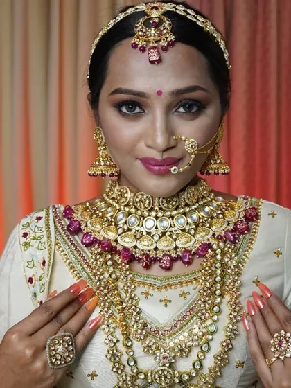 A full-length view of the bride, showing how our comprehensive rental sets create a stunning head-to-toe look.