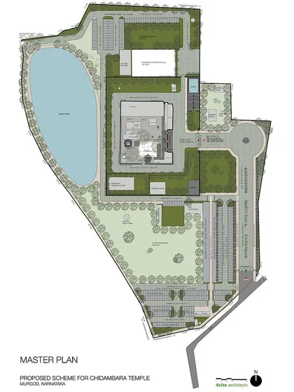 The proposed master plan for the Sri Chidambara Temple, a 15-acre campus. The plan organizes future growth, parking, and devotee movement while respecting the organically developed historic core.