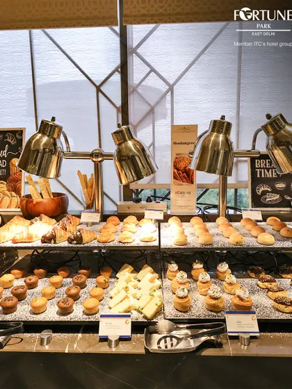 The full view of our extensive bread and pastry counter, a paradise for anyone with a sweet tooth.