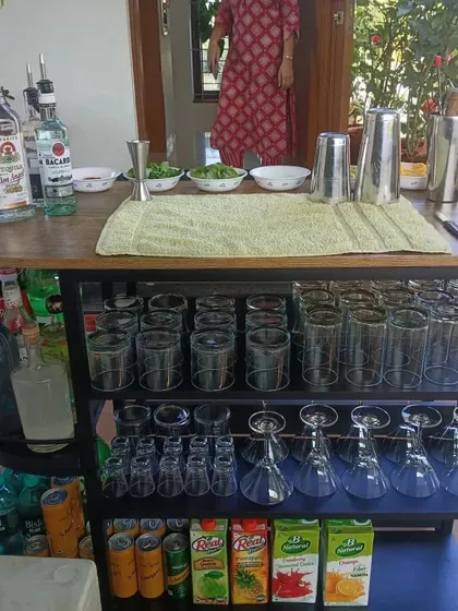 Our portable bar cart is a great option for home events. It's compact, stylish, and comes fully stocked with all the necessary glassware and mixers.