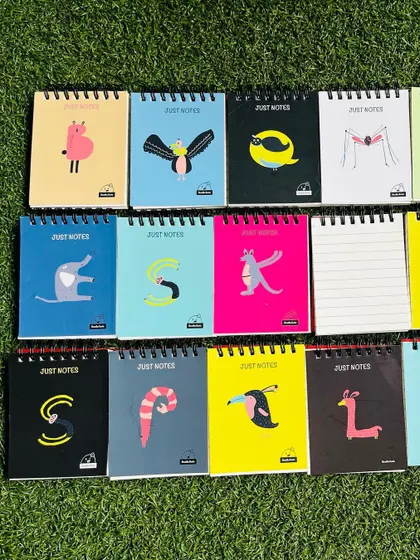 A colorful array of my pocket-sized notepads, each featuring a different letter of the alphabet with a corresponding animal doodle.