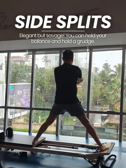 "Side Splits" on the reformer are elegant but savage. This move challenges your balance, inner thigh strength, and control.