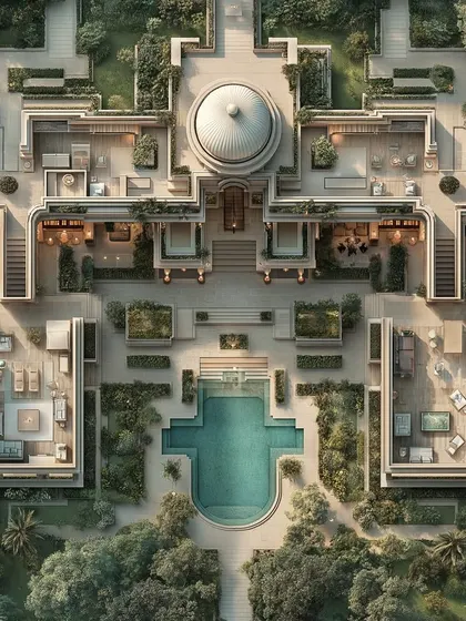 This blueprint for a grand estate shows my passion for symmetrical, classical architecture. I designed it with a central domed structure, expansive wings, and a formal pool, creating a sense of balance, history, and pure opulence.