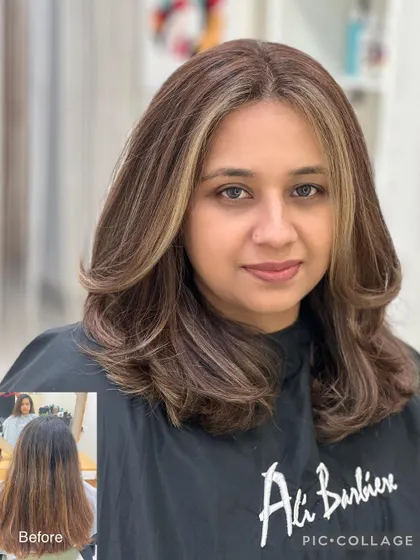 The before and after collage of this stunning brunette balayage transformation.