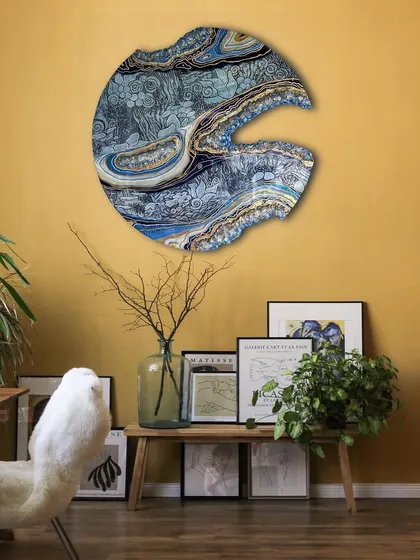 This is my "Sea Within" artwork, part of a series inspired by nature. The irregular shape and flowing blue patterns mimic the coastline, creating a unique statement piece for any wall.