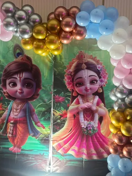 A beautiful Radha Krishna themed backdrop, perfect for religious functions, naming ceremonies, or Janmashtami celebrations.