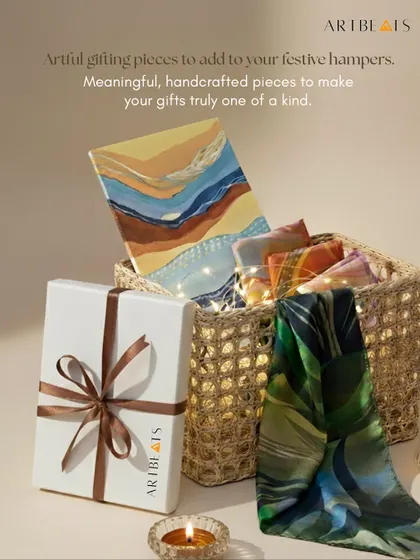 Gifting is an opportunity to share emotion. I create artful hampers that go beyond the ordinary, combining hand-painted canvases, luxurious silk stoles, and other handcrafted pieces. These are gifts designed to make someone feel truly seen and celebrated.