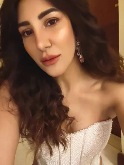 A close-up of my "Fancy Pants" wedding look. The beaded corset top adds a touch of glamour, while the makeup is kept fresh and glowing.