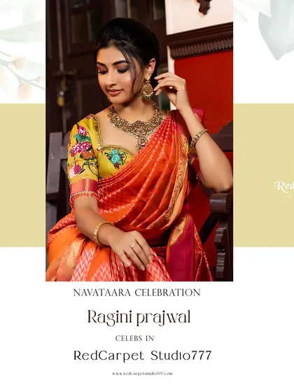 The vibrant actress Ragini Prajwal for my 'Navataara' series, wearing a beautiful orange ikat saree with a contrasting yellow floral embroidered blouse.