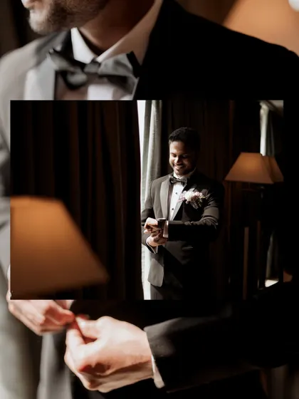 A creative, layered portrait of the groom, capturing his smile and dapper look.