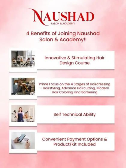 Here are four great benefits of joining my academy. We offer an innovative course, focus on the four key stages of hairdressing, build your technical ability, and provide convenient payment options.