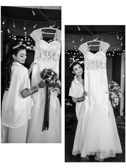 A black and white diptych of the bride admiring her wedding dress. These are the quiet, anticipatory moments that build the story of the day.