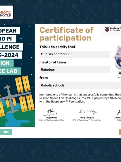 Our mentor's certificate from the Astro Pi Mission Space Lab Challenge, an ESA and Raspberry Pi Foundation project. This recognizes our guidance in helping students run their code on the International Space Station.