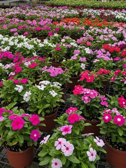A nursery full of Vinca (Periwinkle) plants in shades of pink, white, and red. These are excellent, heat-tolerant annuals for continuous color.