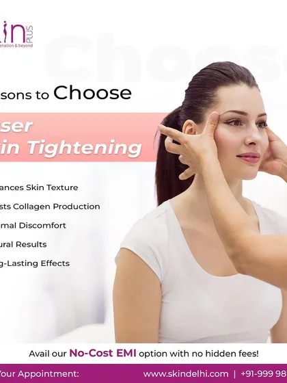 This graphic outlines the key reasons to choose Laser Skin Tightening. It enhances skin texture, boosts collagen, involves minimal discomfort, and provides natural, long-lasting results.