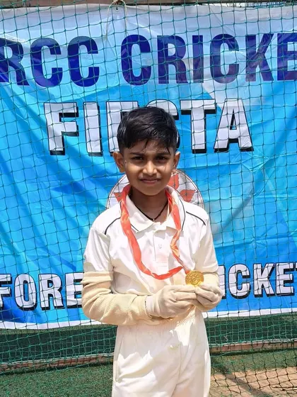 Viyaan Shetty receiving the Player of the Match award for his incredible century (115 not out) in the RRCC Cup U-10, leading to a massive 153-run victory.
