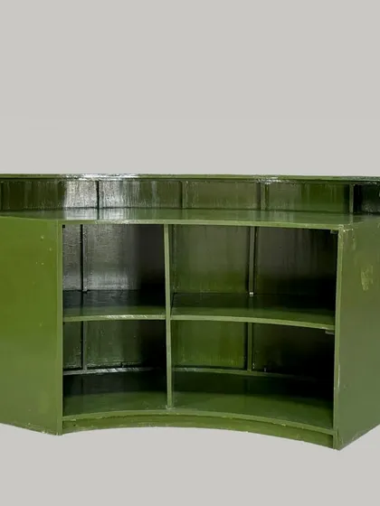 The back of the semi-arch bar counter, showing the built-in shelving for practical use during your event.