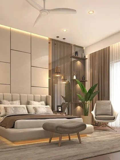 This bedroom design focuses on creating a restful environment through a balanced composition. The upholstered headboard, floating bed with under-lighting, and carefully selected pendant lights come together to form a harmonious and luxurious personal space.