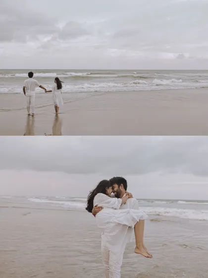 A diptych showcasing two romantic moments on the beach: a couple walking hand-in-hand into the waves and a classic lift, both in coordinated white outfits.