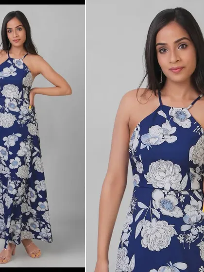 This composite image displays a model in a floral blue halter-neck maxi dress. It includes a full-length view to show the dress's silhouette and a closer shot to highlight the fit and pattern.