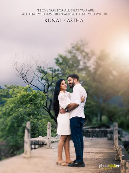 An album-style page featuring a couple in a romantic embrace on a bridge, with a quote about love, perfect for their engagement announcement.