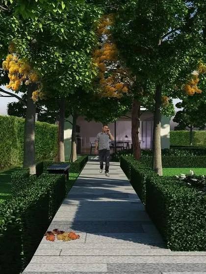 Another render from the large Embassy Boulevard project, focusing on a long walkway lined with formal hedges and trees, creating a grand and elegant promenade.