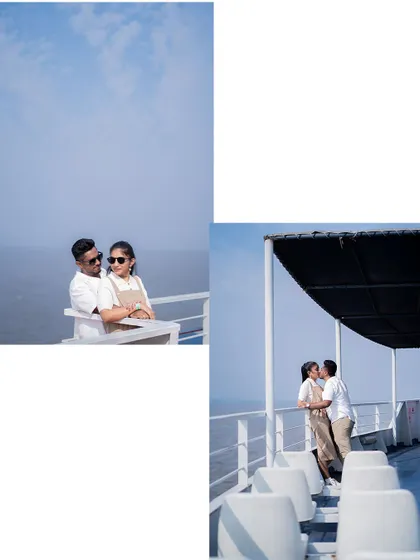 A collage of pre-wedding photos taken on a ferry, capturing candid moments of the couple enjoying the sea breeze and the view of the Mumbai coastline.