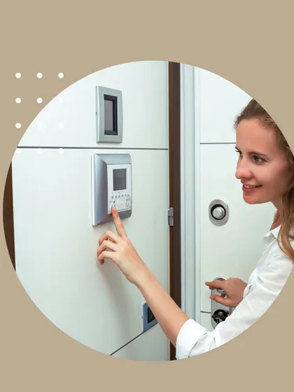 A woman uses a digital keypad to access a secure area. This demonstrates a modern access control solution that is perfect for managing entry to residential buildings, apartments, or private lockers.