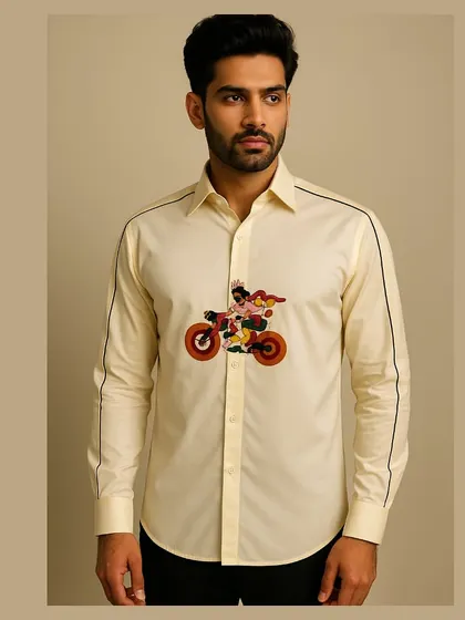 A full-length view of the cyclist shirt, framed to show its overall aesthetic. This piece is perfect for adding a playful element to a smart-casual outfit.