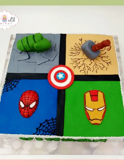 A superhero fan's dream cake, divided into four quadrants to represent Hulk, Thor, Spider-Man, and Iron Man.