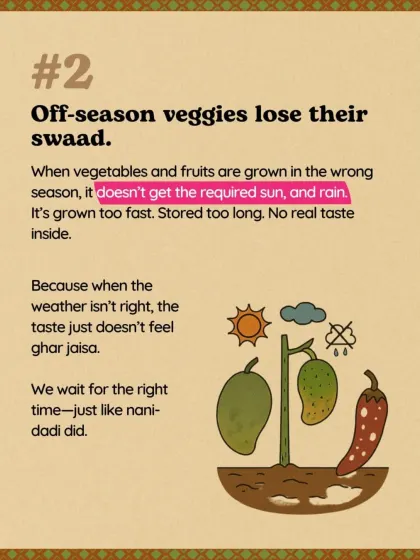 There is a reason why aam ka achar tasted so special back in the day. It was made in the right season. We follow the same belief, using only seasonal vegetables because real swaad comes from the rhythm of nature.
