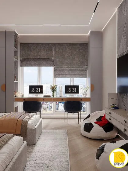 A stylish room for two with a shared desk overlooking a large window. The soccer-themed bean bags add a playful touch.
